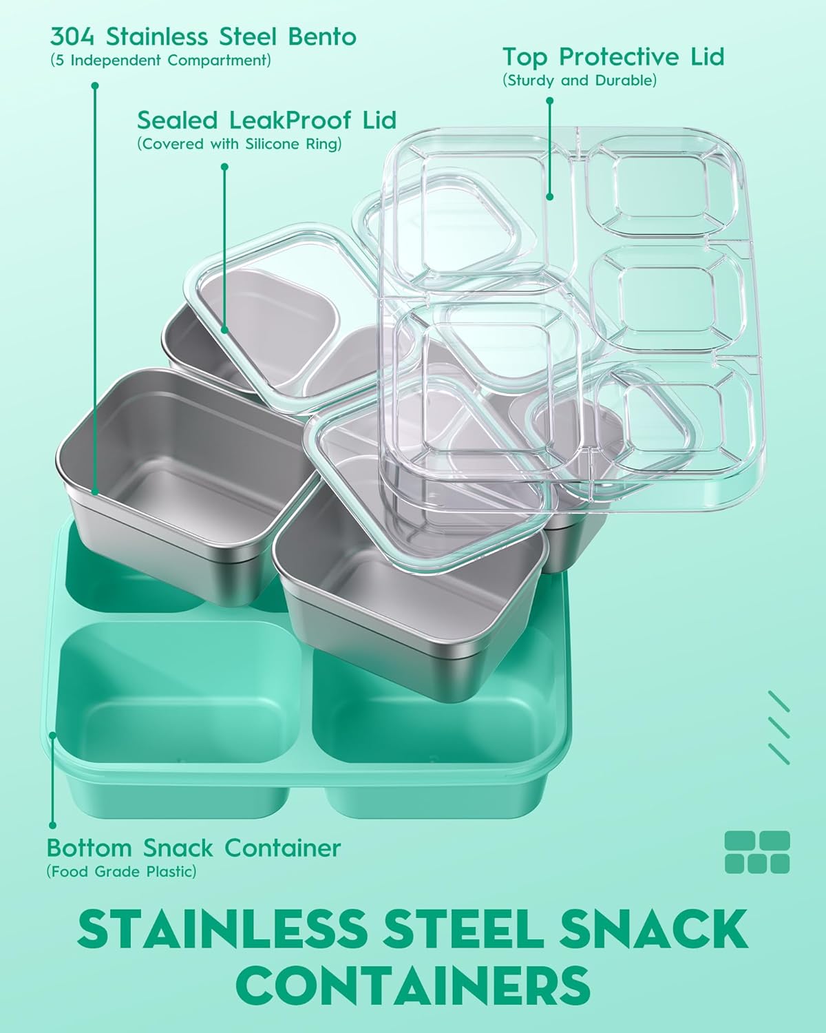 BiuLeon Snackle Box Containers, Stainless Steel 5 Compartments Divided Serving Tray with Lid, Removable LeakProof Portable Bento Box for Fruit Candy Nuts Food - School, Picnic and Travel（Blue）