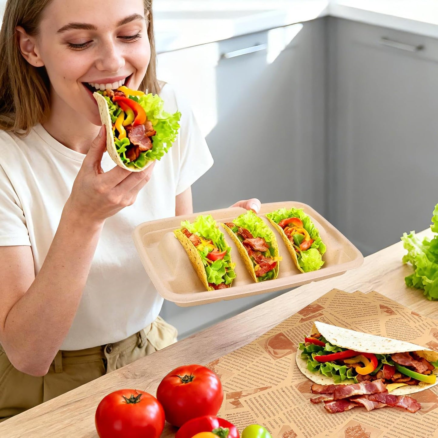 Disposable Taco Holders 24 Pack, Paper Taco Trays for Taco Bar, Includes 100 Grease-Resistant Liners & 100 Serving Gloves