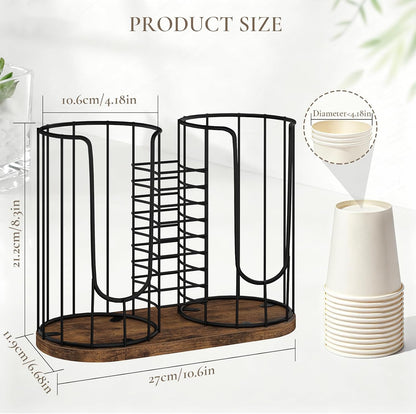Coffee Cup Holder 18oz 3-Compartment Paper Cup Dispenser Rack with Wood Base - Disposable Cup, Straw & Lid Organizer 3-in-1 Storage for Countertop, Coffee Bar, Kitchen, Office