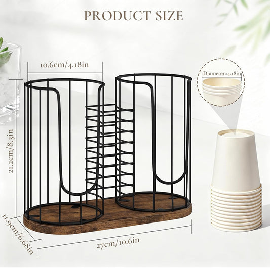 Coffee Cup Holder 18oz 3-Compartment Paper Cup Dispenser Rack with Wood Base - Disposable Cup, Straw & Lid Organizer 3-in-1 Storage for Countertop, Coffee Bar, Kitchen, Office