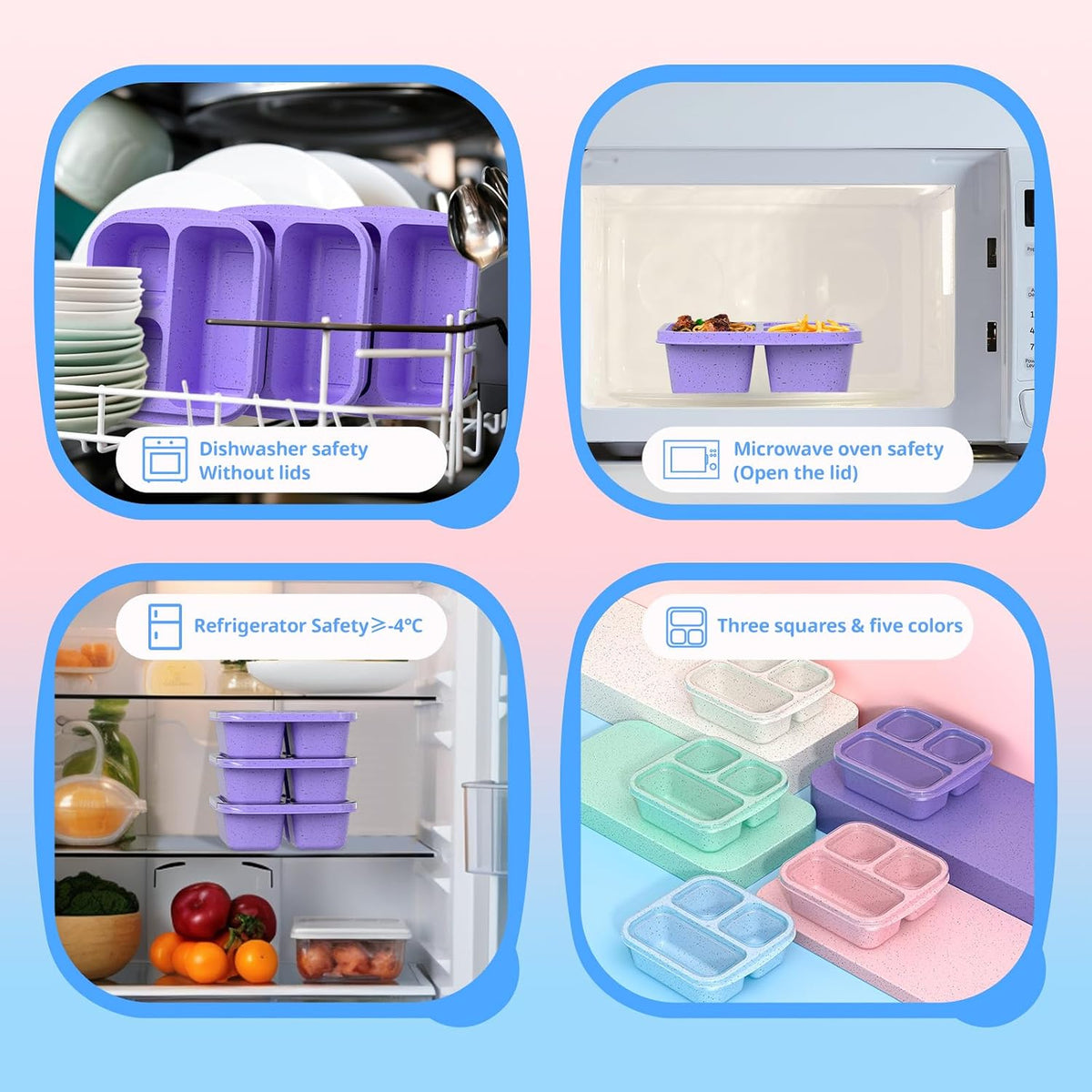 Snack Boxes (3 Pack) - Stackable Bento Boxes with 3 Compartments, Meal Prep Containers Reusable, Lightweight Lunch Containers for Kids and Adults, BPA Free (Blue)