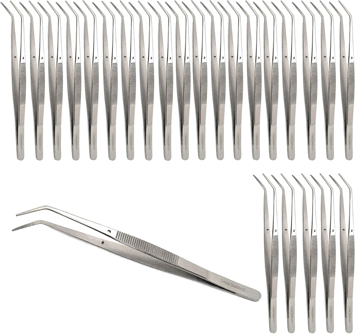 6 Inch Professional Culinary Stainless Steel Precision Tongs with Angled Serrated Tips, Plating/Food Presentation Detailing Serving Tongs, Chef's Kitchen Tweezer Tongs - Ultra Non-Slip Grip