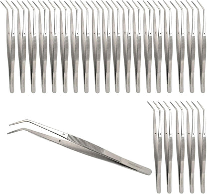 6 Inch Professional Culinary Stainless Steel Precision Tongs with Angled Serrated Tips, Plating/Food Presentation Detailing Serving Tongs, Chef's Kitchen Tweezer Tongs - Ultra Non-Slip Grip