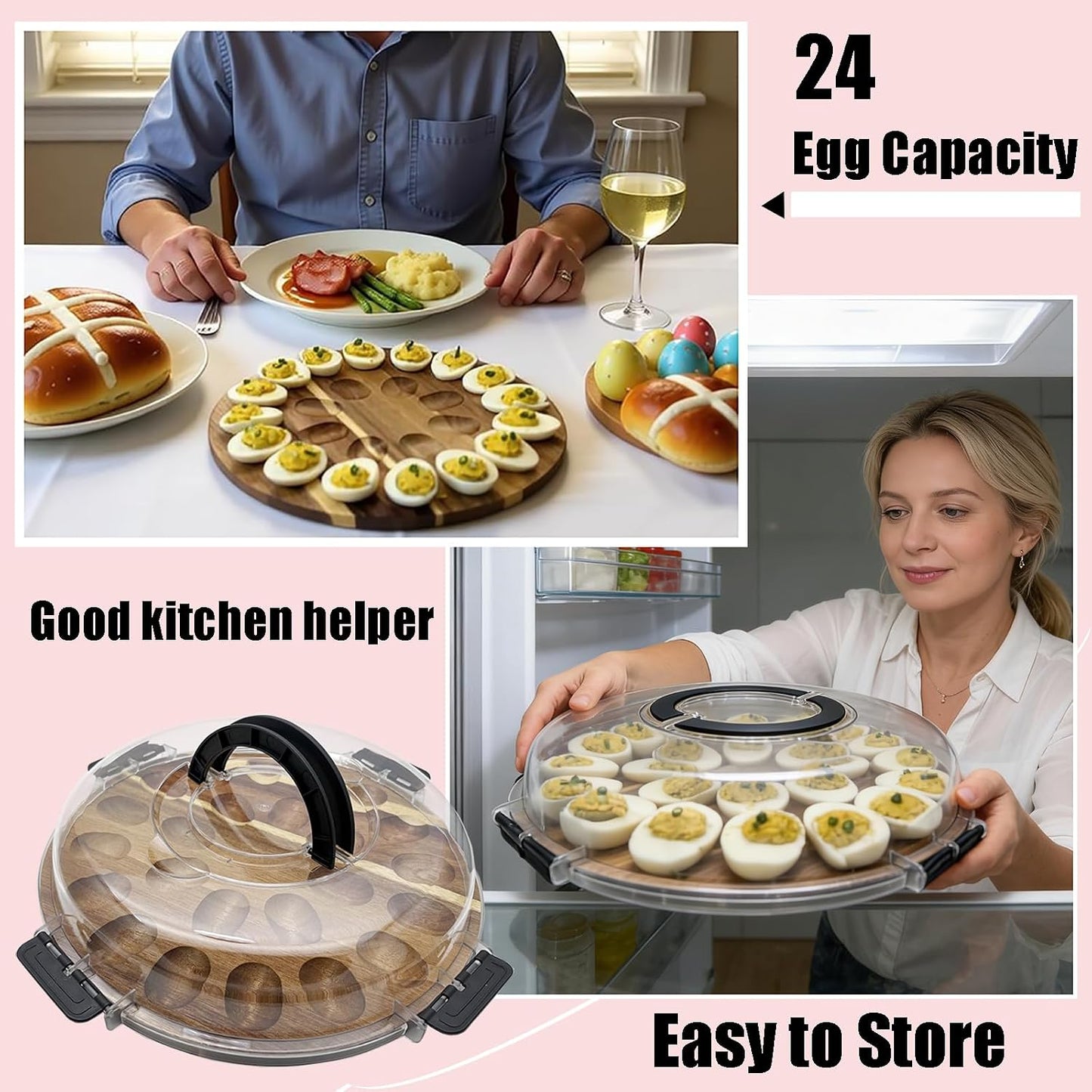 Deviled Egg Containers with Lid and Handle Portable Travel Acacia Wood Deviled Egg Platter 24 Holes Tray Holder Double-sided Use