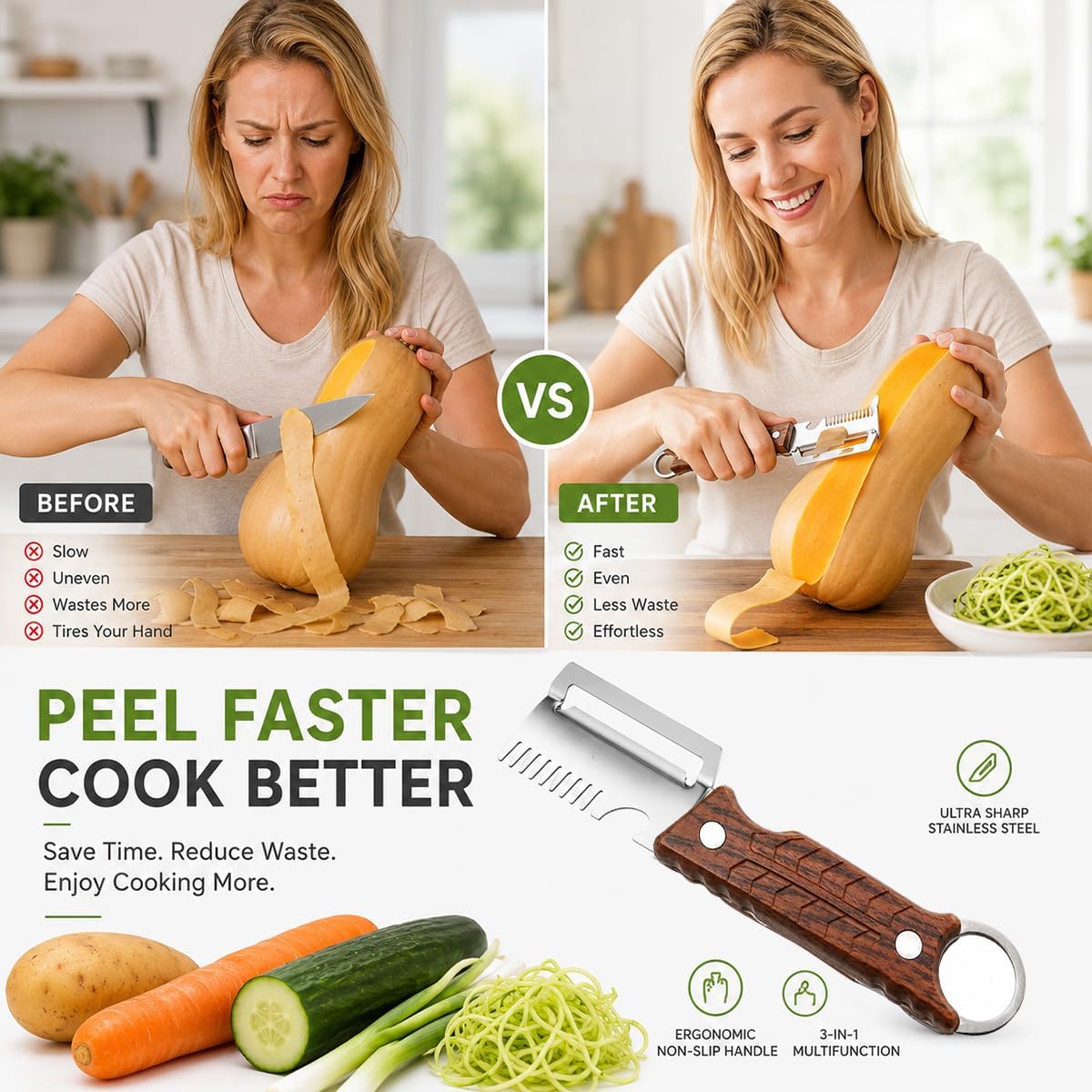 2Pack 3-in-1 Vegetable Peeler with Faux Wood Handle, Stainless Steel Julienne Peeler & Scallion Shredder with Built-In Bottle Opener, Kitchen Peeler for Potato, Carrot, Cucumber, Apple & Fruits