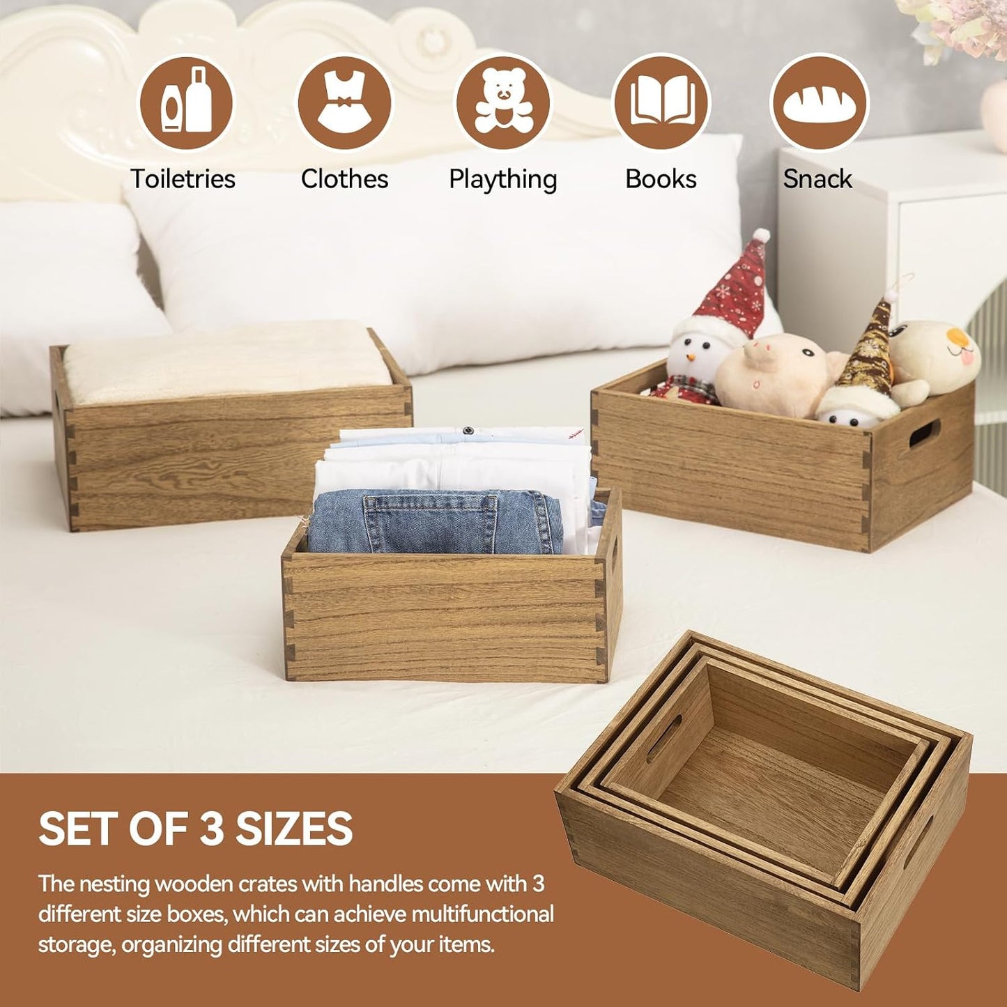 KIRIGEN Nesting Wood Crates with Handles, Set of 3 Storage Boxes Natural | 3 Different Size Decorative Box Organizer for Towels, Books, Crafts Fully Assembled