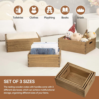 KIRIGEN Nesting Wood Crates with Handles, Set of 3 Storage Boxes Natural | 3 Different Size Decorative Box Organizer for Towels, Books, Crafts Fully Assembled