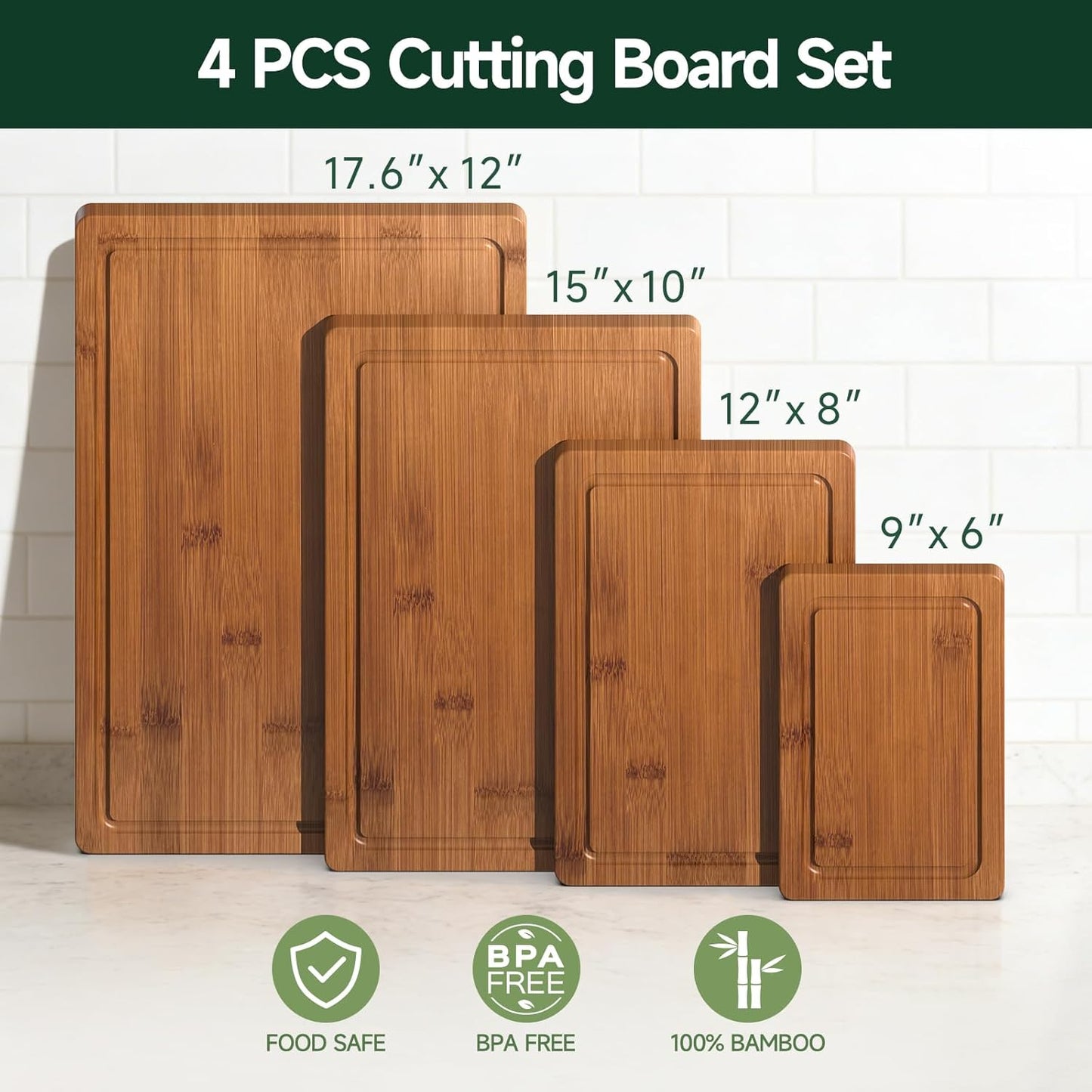 3-Piece Set Bamboo Cutting Board for Kitchen - Crack-Resistant Wood Chopping Boards with Deep Juice Grooves, Pre-Oiled Butcher Block for Meat, Vegetables & Cheese, Carbonized