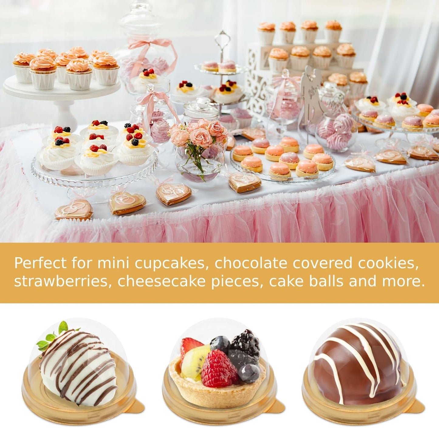 Zezzxu 50 Pack Mini Cake Containers, Clear Plastic Small Cupcake Boxes with Dome Lids for Individual Chocolate Covered Cookies, Strawberry, Mooncake (Gold)