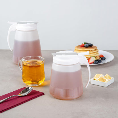 Restaurantware-Chef 101 32 Ounce All Purpose Syrup Dispenser, 1 Honey Dispenser - White Top, Stainless Steel Slide Cover, Plastic Pancake Syrup Bottle, Perfect For Diners, Restaurants, Home