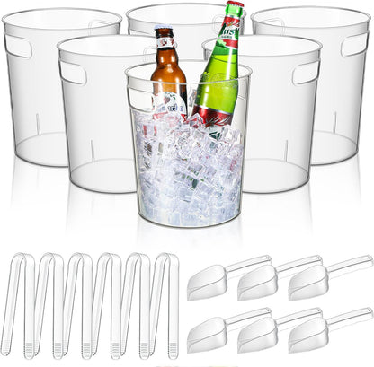 Rtteri 6 Set Plastic Ice Buckets for Parties with Handle, Scoop, Serving Tongs, Large Clear Ice Bucket Round Chiller Beverage Tubs Drink Bottle Cooler for Champagne Beer Wine(5 L)