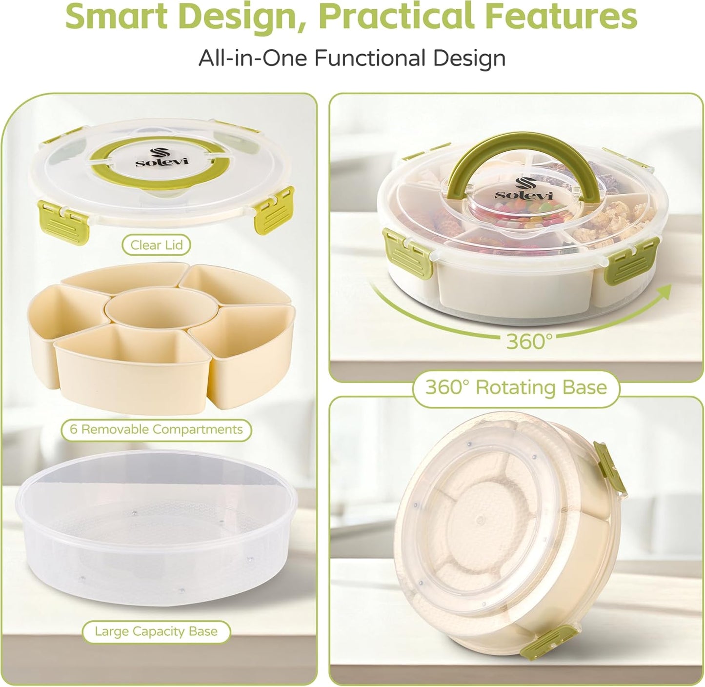 Divided Serving Tray with Lid – Snackle Box Container with Handle – Dishwasher & Microwave Safe – 6-Compartment Round Organizer for Fruits, Veggies, Candy & Nuts – Compact & Travel Friendly (10”)