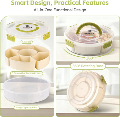 Divided Serving Tray with Lid – Snackle Box Container with Handle – Dishwasher & Microwave Safe – 6-Compartment Round Organizer for Fruits, Veggies, Candy & Nuts – Compact & Travel Friendly (10”)