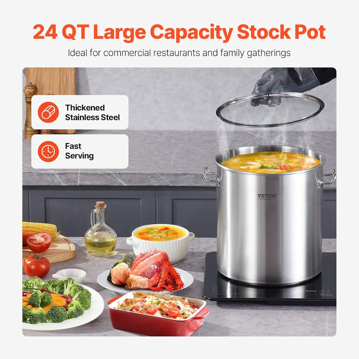 VEVOR Stainless Steel Stockpot, 42 Quart Large Cooking Pots, Cookware Sauce Pot with Strainer, Lid, and Handle, Heavy Duty Commercial Grade Stock Pot, Sanding Treatment, for Large Groups Events Silver
