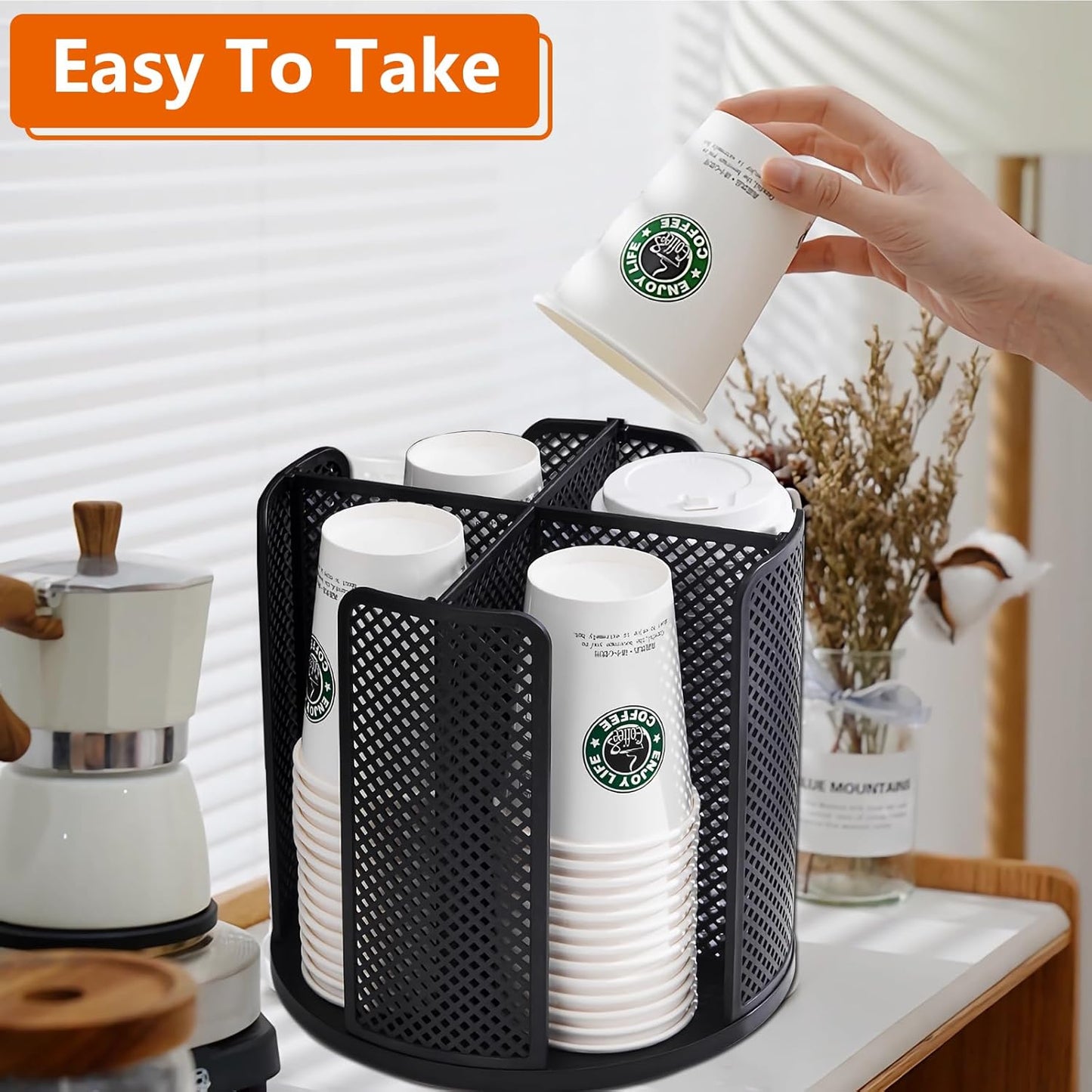 Paper Cup and Lid Holder, Rotatable Coffee Cup Dispenser fit 5-16oz Disposable Cups Organizer, Plastic Cup Storage Rack for Countertop, Coffee Shop, Station, Bar, Office,Kitchen, Black