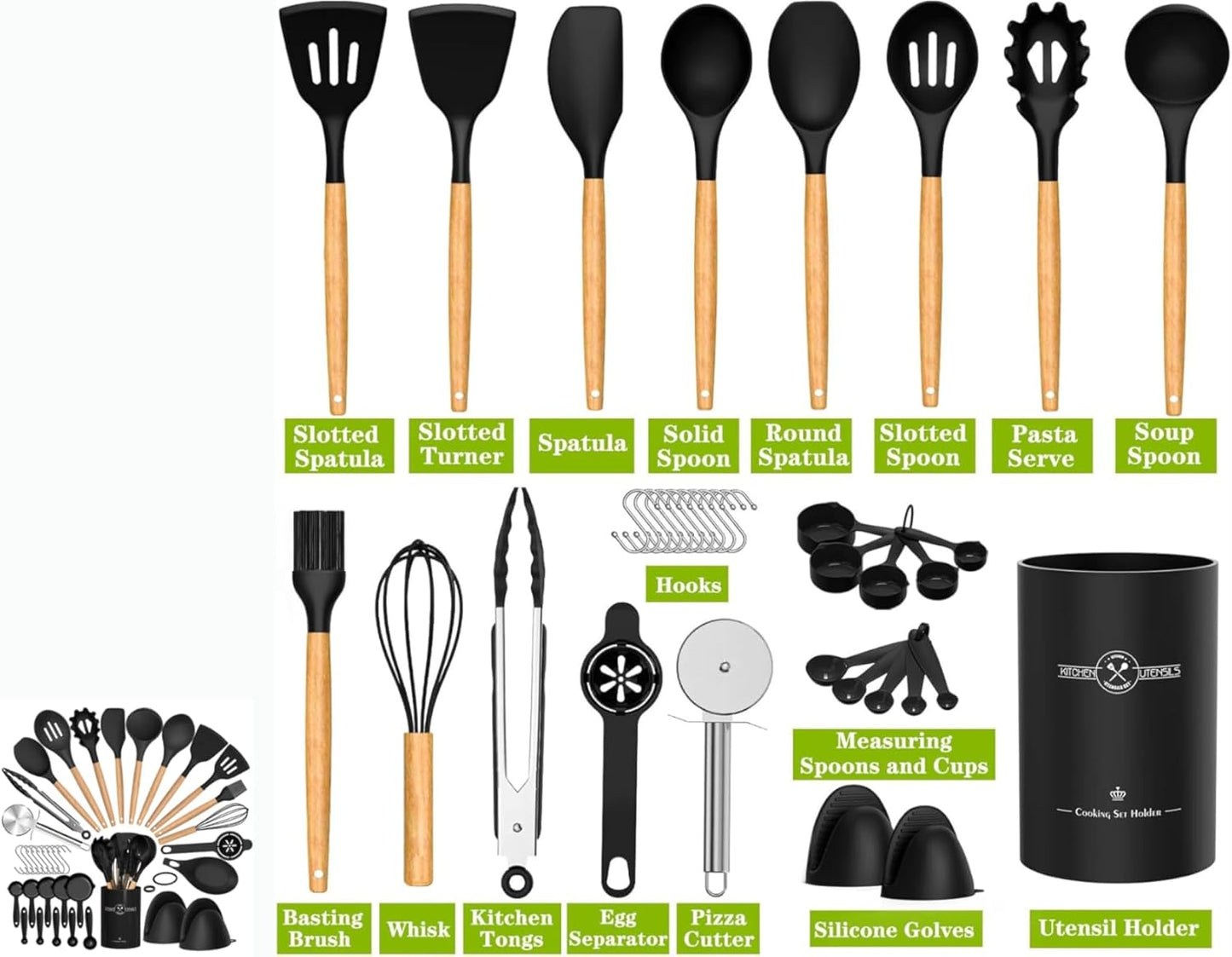 36 pcs Silicone Kitchen Cooking Utensils with Holder, Heat Resistant Cooking Sets Wooden Handle, Nonstick Kitchen Gadgets Tools Include Spatula Spoons Turner Pizza Cutter(Black) for Gift, K Trends
