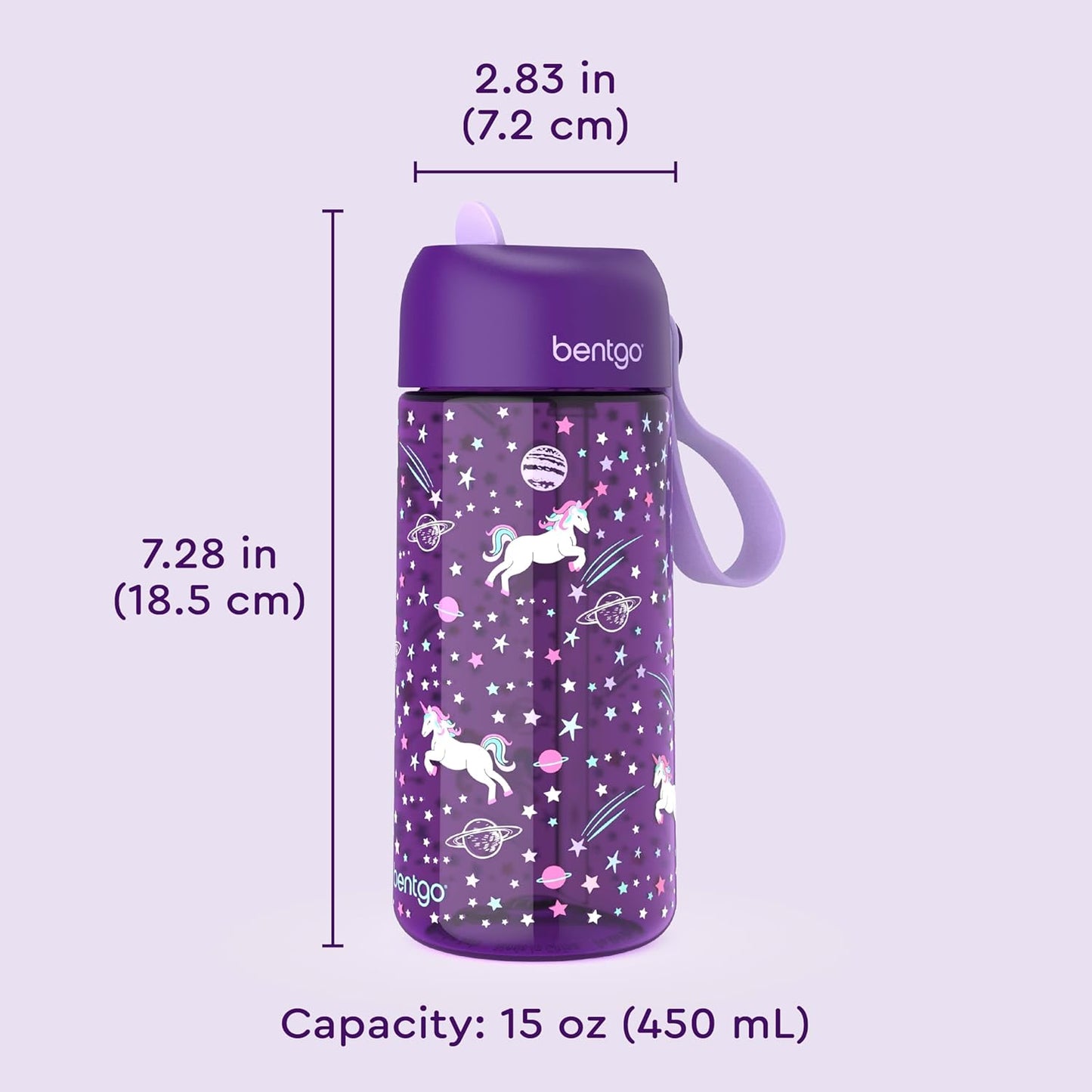 Bentgo Kids Water Bottle - Leak-Proof, Durable Tritan PFAS- & BPA-Free 15 fl oz, Kids/Toddlers Ages 3+ for School & Sports; Bite & Sip Spout, Carrying Handle, Dishwasher Safe (Unicorn)