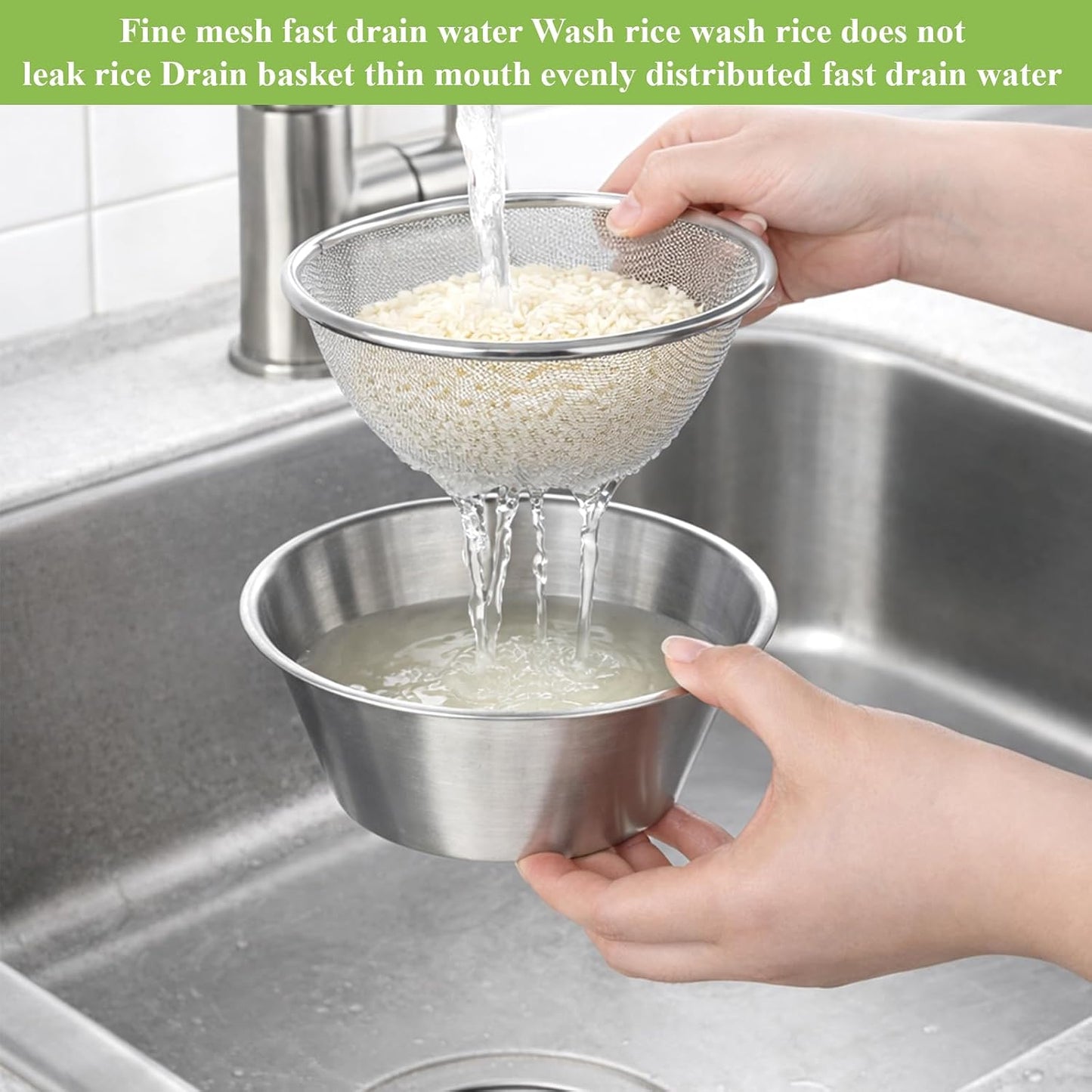 Mini Colanders Stainless Steel Food Colander Mini Strainer with Bowl Colanders Bowl Rice Strainer for Kitchen Colander Set for Pasta Straining Fruit Washing Vegetable (5.51 x 2.36 Inches Silver)