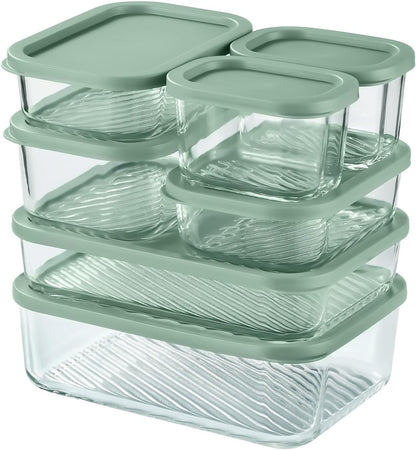 EATEX Grooved Base Glass Meal Prep Containers, 12 Pack Glass Food Storage Containers with Lids for Meal Prep & Lunch, Microwave Oven Freezer Dishwasher Safe, Anti Moisture Non-Stick Design - Black