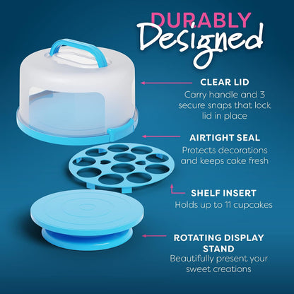 Cake Cupcake Carrier with Lid and Handle + Cake Stand Plate with Dome | 10" Round Cake Container Holder with Cover | Plastic Pie Carrier Cake Storage Container | Bunt Keeper Platter Tray for Transport