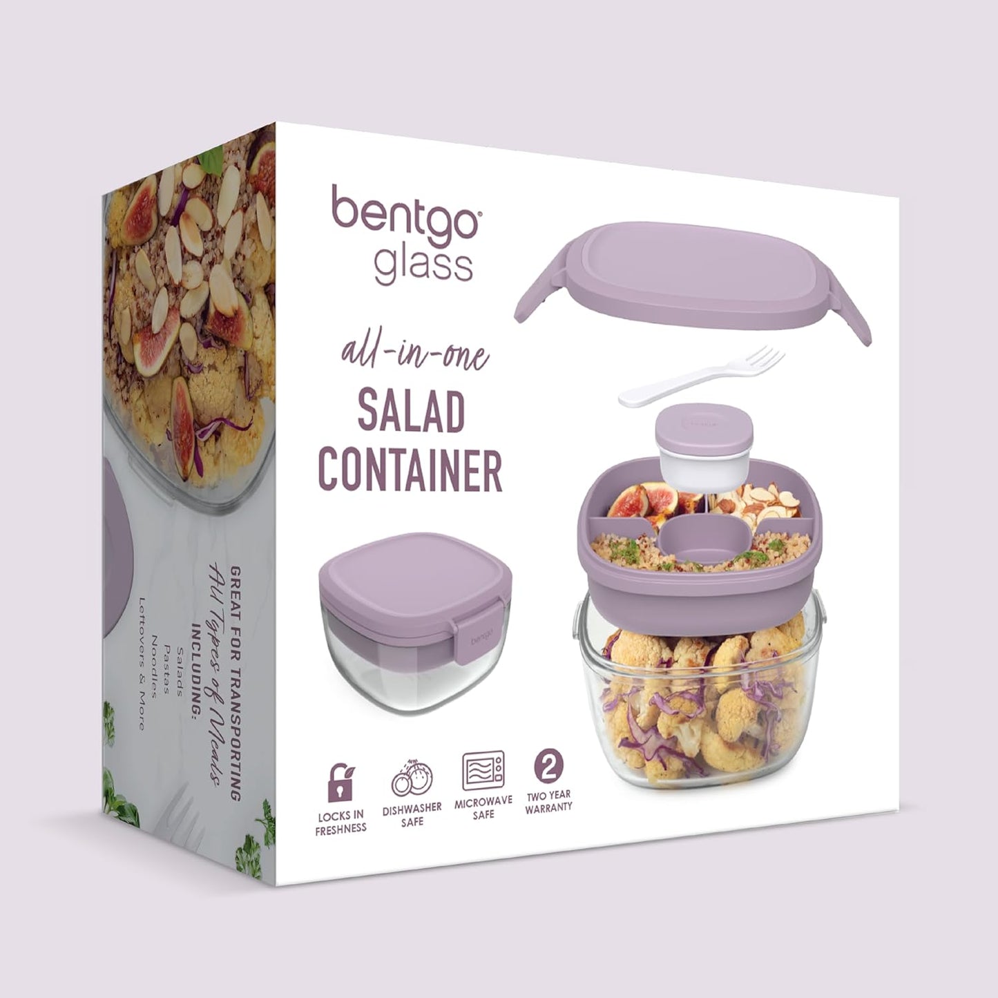Bentgo Glass Salad Container - 7.6-Cup Salad Bowl with Airtight Lid, Leak-Proof Sauce Container, 4-Compartment Bento Tray & Reusable Fork - BPA-Free for Meal Prep, Office & More (Light Blue)