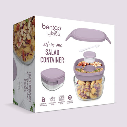 Bentgo Glass Salad Container - 7.6-Cup Salad Bowl with Airtight Lid, Leak-Proof Sauce Container, 4-Compartment Bento Tray & Reusable Fork - BPA-Free for Meal Prep, Office & More (Light Blue)