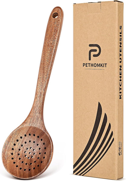 Wooden Slotted Spoon for Cooking, Teak Skimmer Strainer,11.2″