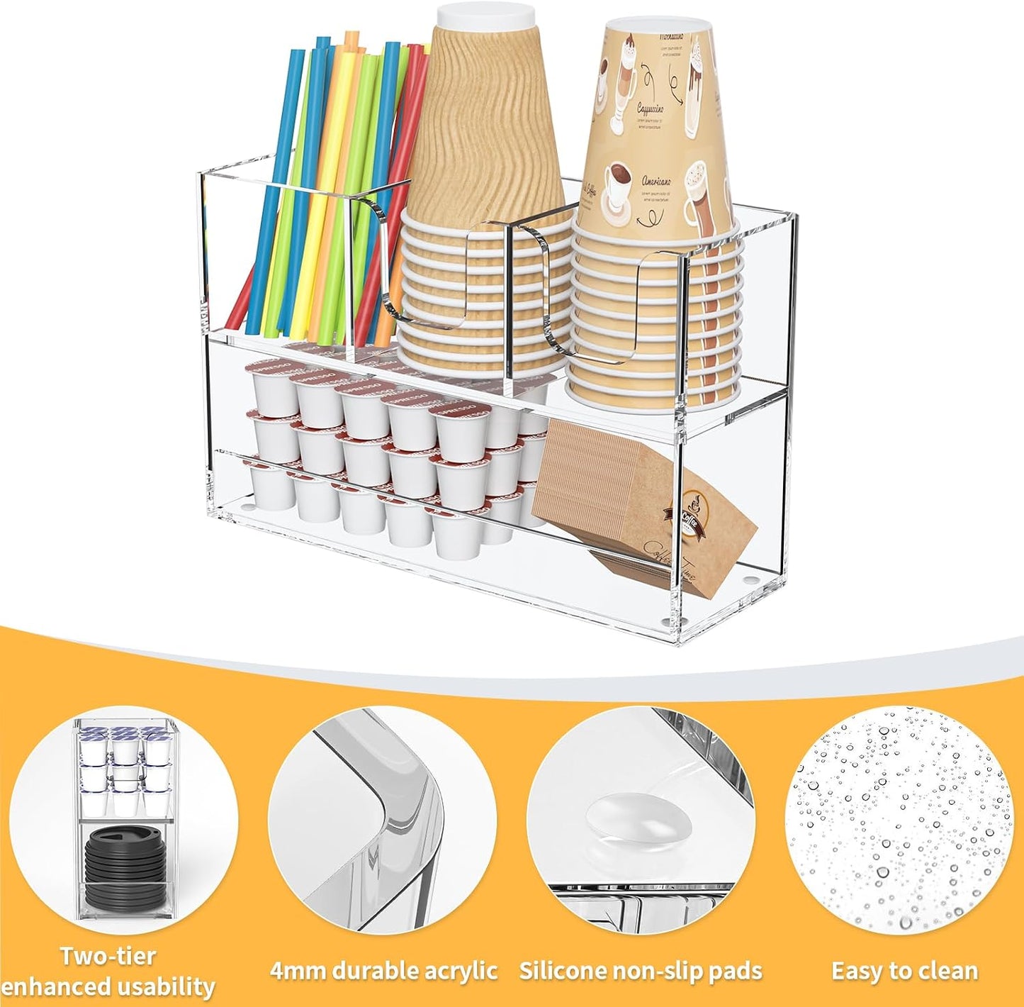 Coffee Condiment and Cup Organizer - 2-Tier Upright Cup and Lid Holder with Straw Organizer 2 Compartments Clear Acrylic Cup Dispenser for Restaurant Breakroom Coffee Station Countertop