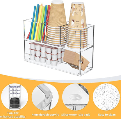 Coffee Condiment and Cup Organizer - 2-Tier Upright Cup and Lid Holder with Straw Organizer 2 Compartments Clear Acrylic Cup Dispenser for Restaurant Breakroom Coffee Station Countertop