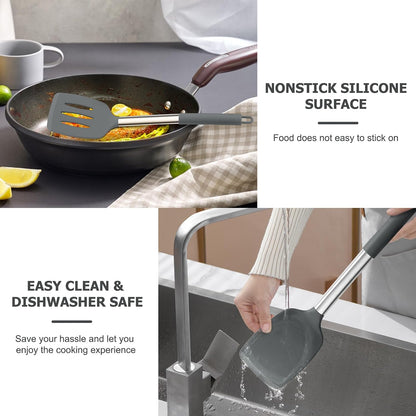 TeamFar Kitchen Utensils, 4 PCS Silicone Cooking Utensils Spatula Spoon Set with Stainless Steel Handle, for Frying Mixing Draining Turning, Healthy & Heat-proof, Non-stick & Dishwasher Safe - Black