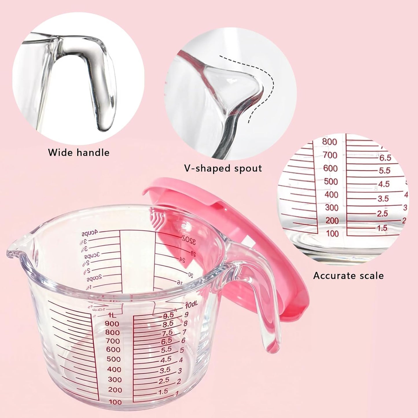 6 Pcs Glass Measuring Cups with Lids Set, 1-Cup, 2-Cup, 4-Cup Measuring Jugs with Handle For Prepping, Baking and Cooking (Pink)
