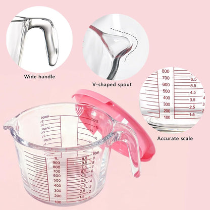 6 Pcs Glass Measuring Cups with Lids Set, 1-Cup, 2-Cup, 4-Cup Measuring Jugs with Handle For Prepping, Baking and Cooking (Pink)