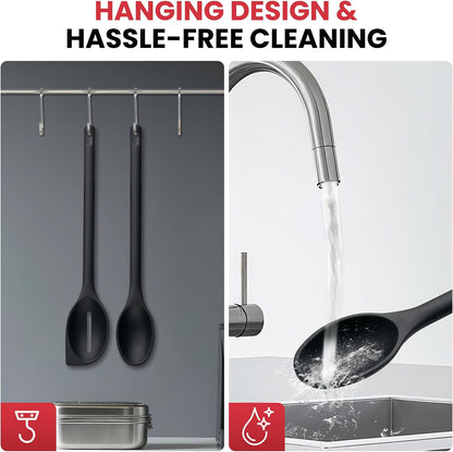 Silicone Spoons for Cooking, 600°F Heat Resistant Cooking Spoon with Solid & Slotted Spoon for Mixing, Serving, Stirring, Scraping, BPA Free Silicone Kitchen Utensil Set, Dishwasher Safe (2Pcs, Black)
