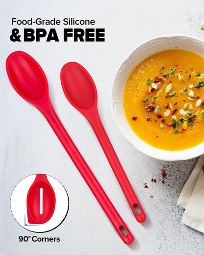 Silicone Cooking Spoons Set, Heat Resistant Kitchen Utensils, Non-Stick BPA Free Solid & Slotted Spoons for Mixing, Scooping, Draining, Serving, Basting (4 Pack) (RED)