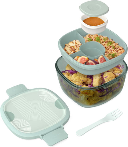 Bentgo Glass Salad Container - 7.6-Cup Salad Bowl with Airtight Lid, Leak-Proof Sauce Container, 4-Compartment Bento Tray & Reusable Fork - BPA-Free for Meal Prep, Office & More (Light Blue)