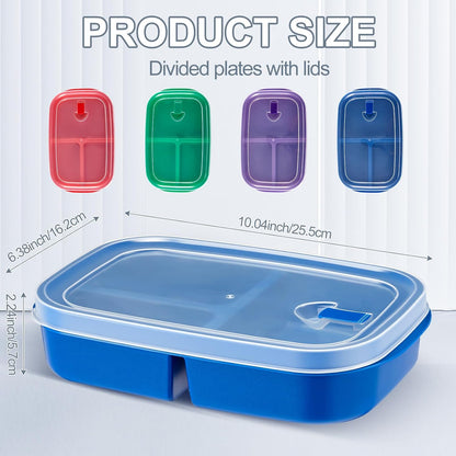 Hushee 4 Pcs Microwave Food Storage Tray Containers with Ventilation Lids 3 Compartment Divided Plates Portion Plate Fits Microwave Fridge(Rectangle,Mixed Colors,10.04 x 6.38 x 2.24 Inch)