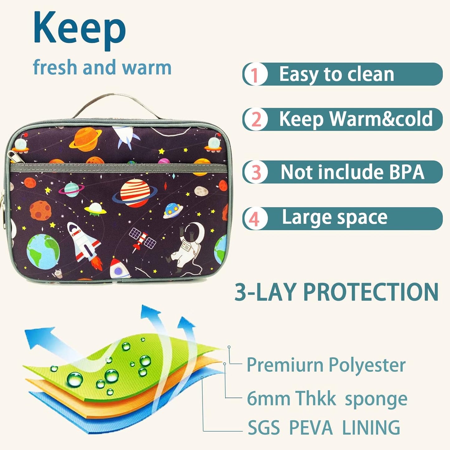 Kulle Space Lunch Box for Kids, Insulated Lunch Bag for Boys, Large Capacity Thermal Tote for School, Office, Daycare - Rocket Design, Washable & Leakproof