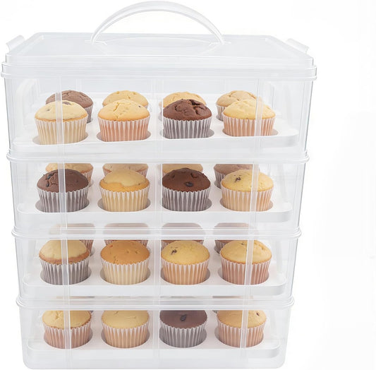 PERFERATE 4 Tiers Cupcakes Carrier - Plastic Detachable Cupcake Containers for 48 Cupcakes, Clear Cupcake Holder with Lid & Handle Reusable Cup Cake Box for Dessert Storage