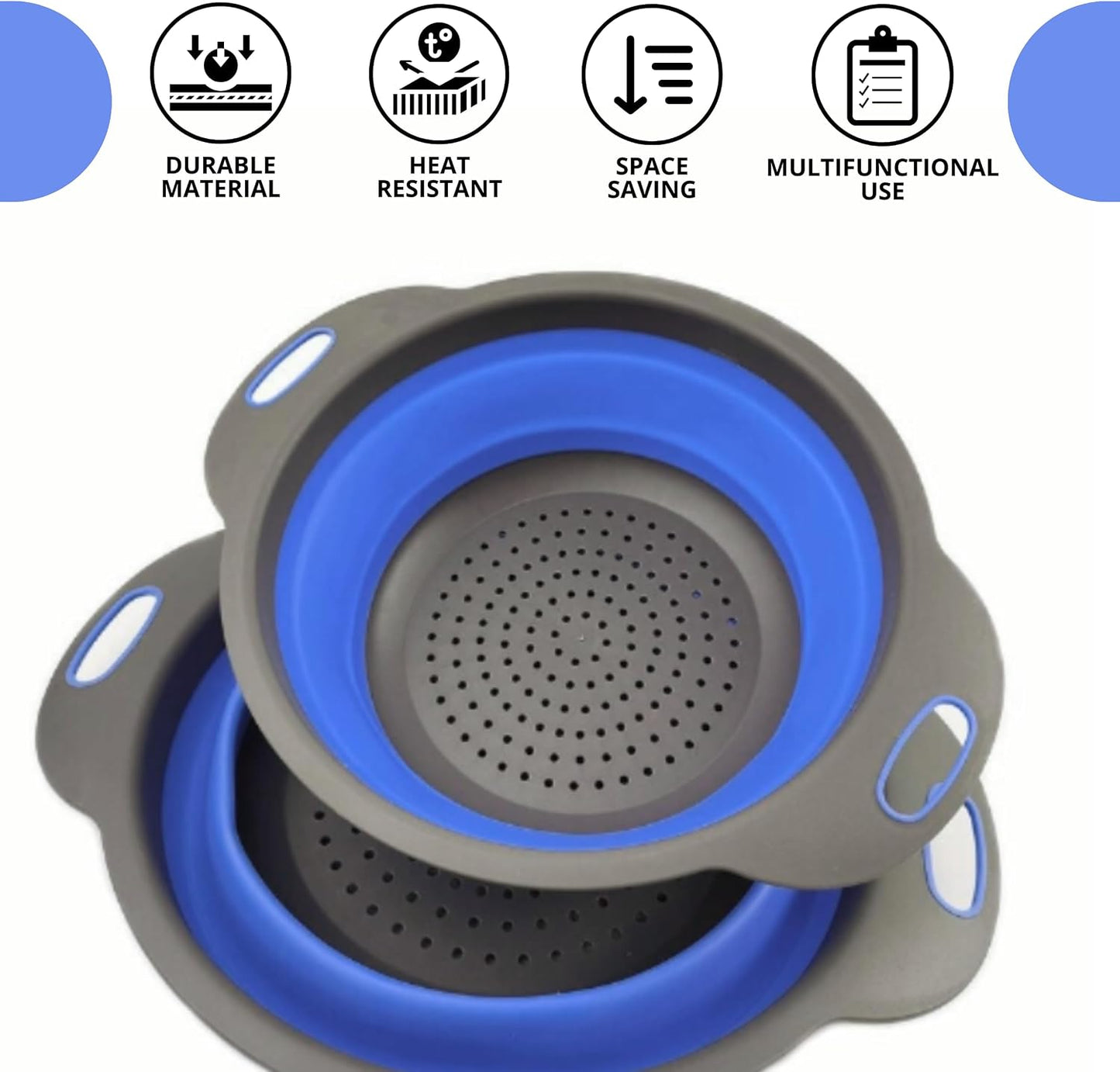 3PCS Green Foldable Kitchen Strainer Set – Silicone Colander Collapsible Strainers and Colanders Green Collander for Kitchen Collapsible Compact Drain Tools for Cooking Prep