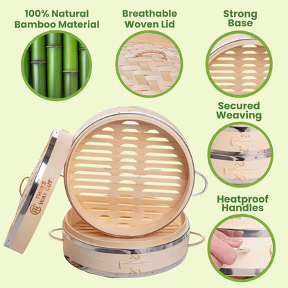 Dumpling Bamboo Steamer 10 Inch 2 Tier Wooden Basket With Handle, Reusable Silicone Liner, Kit For Cooking Baby Bao Bun, Dim Sum, Rice Potsticker Steaming Chinese Asian Food & Vegetables