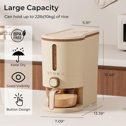 UFORU Rice Dispenser, Rice Storage Container with Measuring Cup for Kitchen Pantry Household, Dry Food Storage Containers Airtight, Sealed Moisture Proof (White 13Lbs)