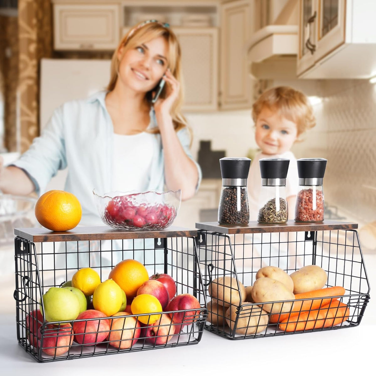 Mefirt Fruit Basket, 2-Tier Fruit Bowl for Kitchen Counter, Stackable Wall Mounted Fruit Storage, Snack Organizer, Potato and Onion Storage Basket, Hanging Pantry Storage with Wood Lid, 2 Set, White