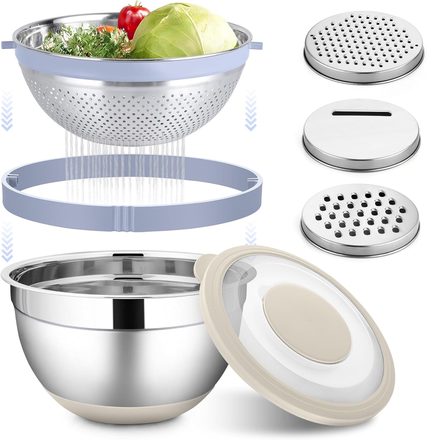 HaWare Mixing Bowl with Colander, 4-1 Stainless Steel Bowl Set with Lids & 3 Pcs Nesting Graters, Rotatable Food Strainer for Rinsing Fruits Vegetables, Non-Slip Bottom, Black