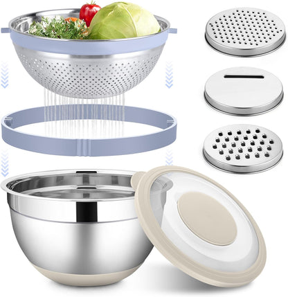 HaWare Mixing Bowl with Colander, 4-1 Stainless Steel Bowl Set with Lids & 3 Pcs Nesting Graters, Rotatable Food Strainer for Rinsing Fruits Vegetables, Non-Slip Bottom, Black