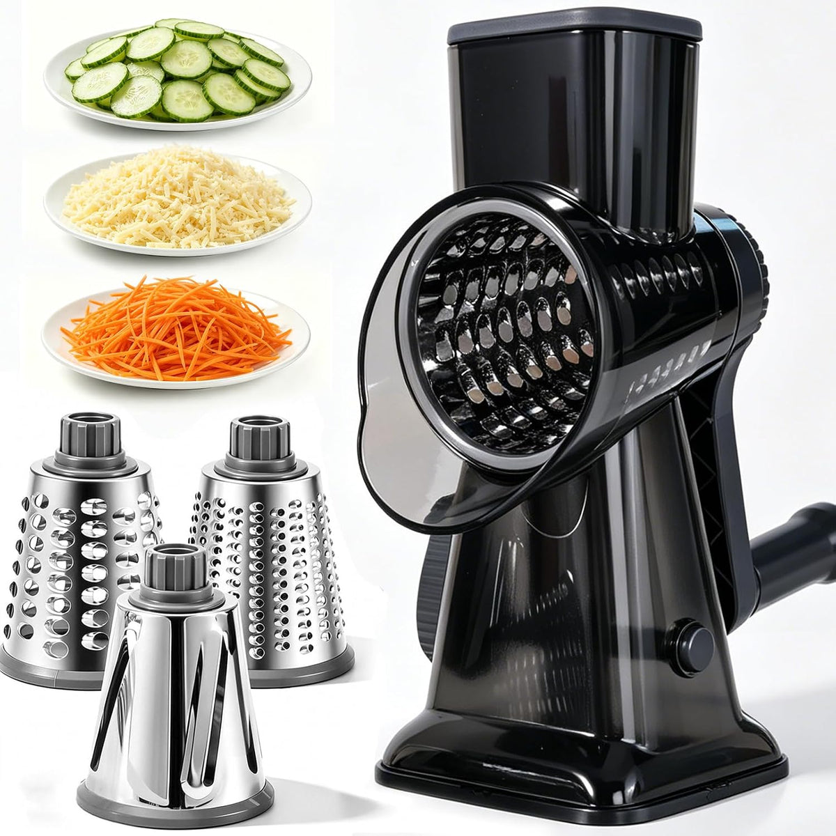 HANSGO Rotary Cheese Grater Hand Crank, Shredder Slicer Grinder, 3 Large Diameter Metal Blades & Cleaning Brush, Non-slip Suction Base, Labor-Saving Handle, Kitchen Gadgets for Cheese, Vegetable, Nuts