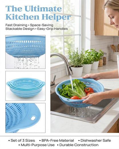 3 pcs Plastic Wash Basket Round Perforated Colander Wash Vegetables and Fruits Drain Cooked Pasta Kitchen Essentials Food Strainer Basket Strainer Kitchen Blue Yellow green red (3PCS-Green)