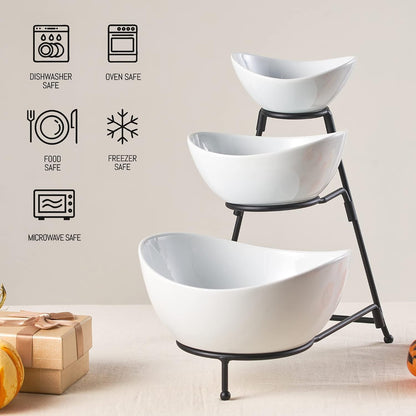 LYEOBOH 3 Tier Serving Bowls Set Tiered Serving Stand, Porcelain Oval Bowls with Collapsible Metal Stand for Entertaining, Party, Dessert Display, Candy, Chip and Dip (Gold)-45oz / 17.5oz / 7oz
