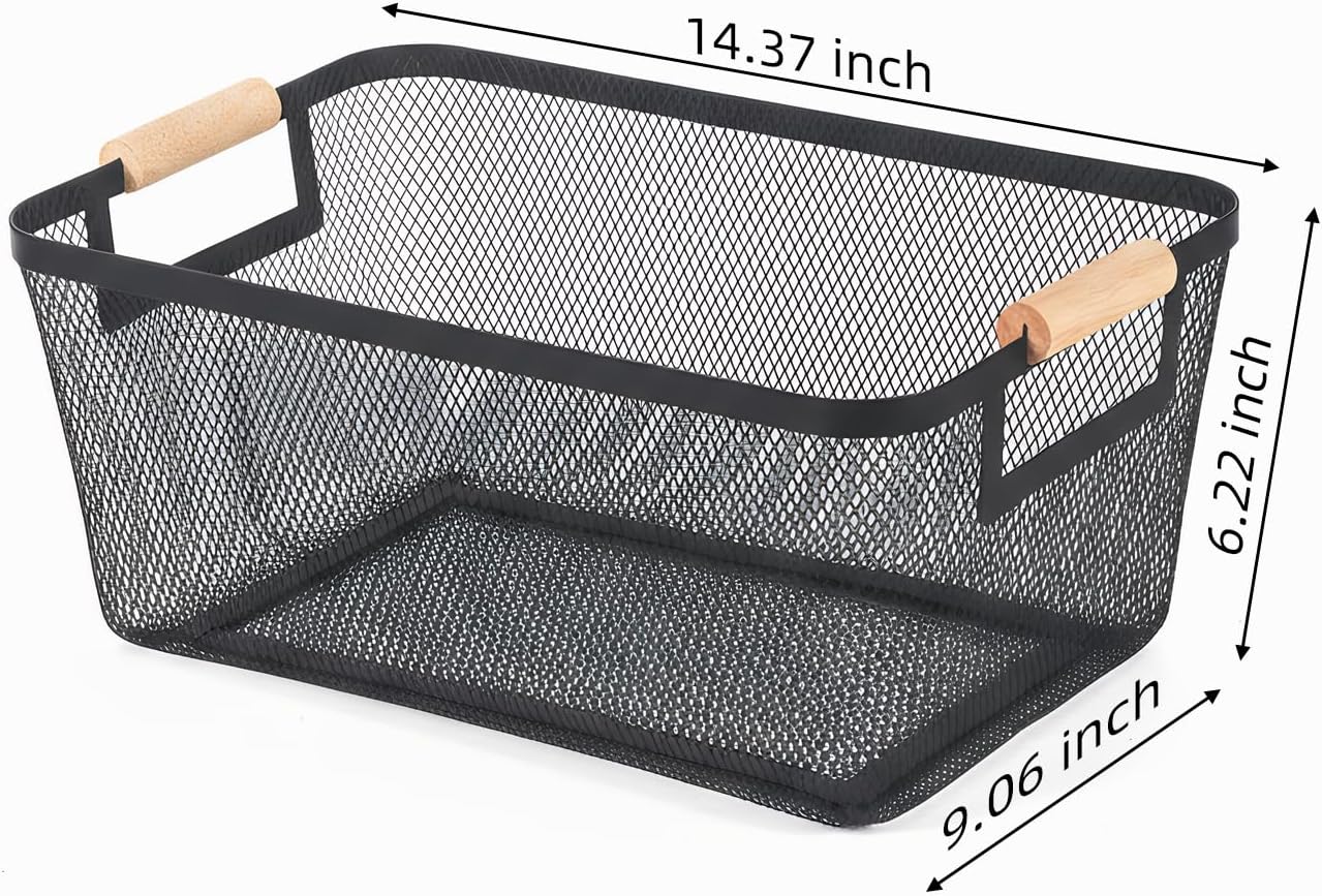 2-Pack Metal Mesh Basket, Large Wire Storage Organizer with Wood Handle for Kitchen Pantry, Bathroom, Cabinet, Closet, Picnic & Home Organization, Large, Black