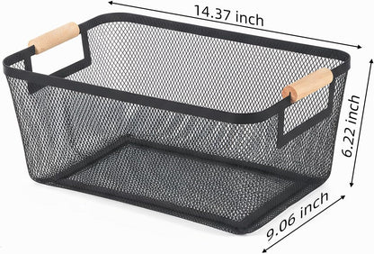 2-Pack Metal Mesh Basket, Large Wire Storage Organizer with Wood Handle for Kitchen Pantry, Bathroom, Cabinet, Closet, Picnic & Home Organization, Large, Black