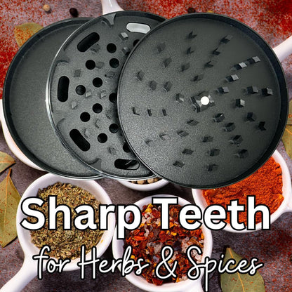 4 inch grinder for herbs and spices. Low Profile 1" Tall Design. Metal 4" shredder has Sharp Metal Teeth & are easier to turn. Four inches large capacity zinc grinder with 3 layers.